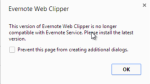 this version of evernote web clipper is no longer compatible with evernote service