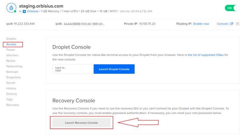 How to get to DigitalOcean VPS Droplet Recovery Console